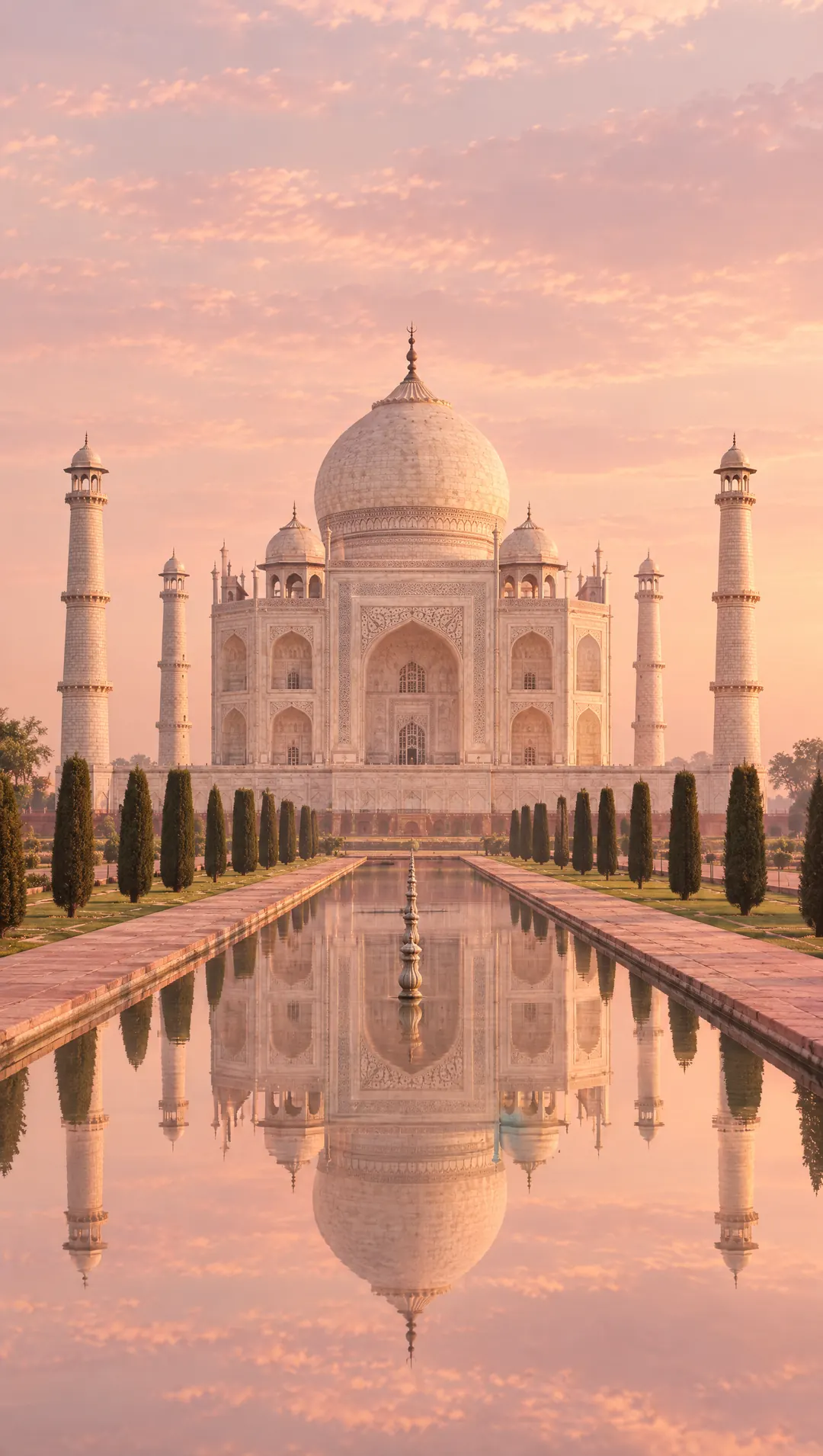 The Taj Mahal at dusk, reflected in its long pool